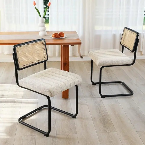 Set of 2 Brown Leather Rattan Dining Chairs with Chrome Legs | Elegant Seating | Anciennevi