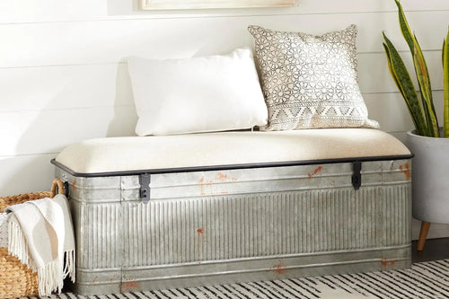 Deco 79 Metal Room Storage Bench with Cream Burlap Top | Anciennevi