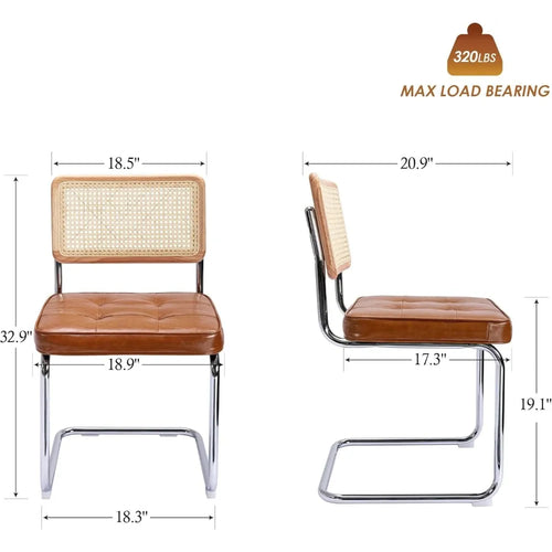 Set of 2 Brown Leather Rattan Dining Chairs with Chrome Legs | Elegant Seating | Anciennevi