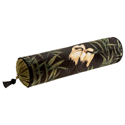 Long Bolster Pillow – Round Velvet Neck Roll Cushion – Chinese Crane Print – Anciennevi