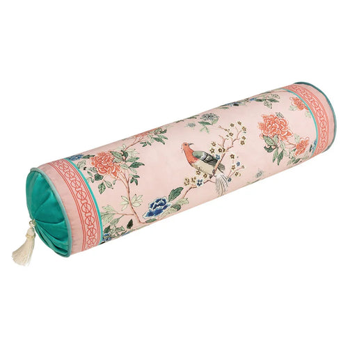 Long Bolster Pillow – Round Velvet Neck Roll Cushion – Chinese Crane Print – Anciennevi