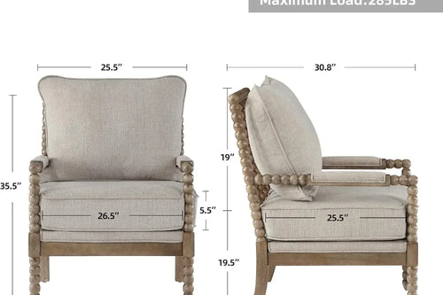 Linen Fabric Spindle Accent Chair with Wood Frame – Modern Padded Spring Seat – Anciennevi