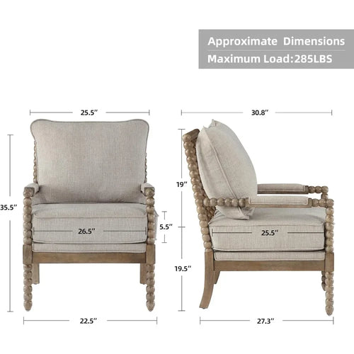 Linen Fabric Spindle Accent Chair with Wood Frame – Modern Padded Spring Seat – Anciennevi