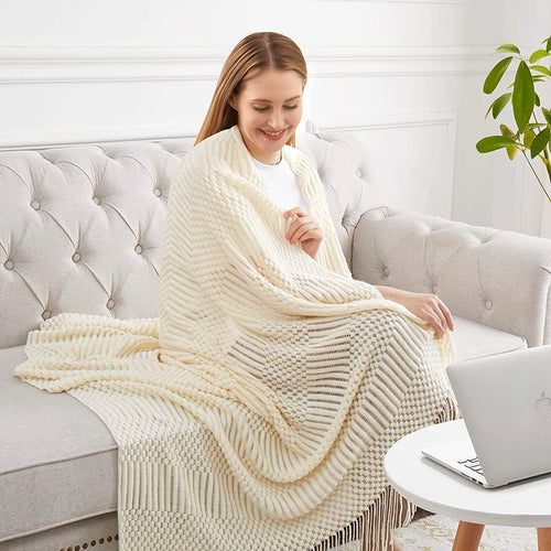 Textured Boho Throw Blanket | Chunky Knit Bedspread | Anciennevi