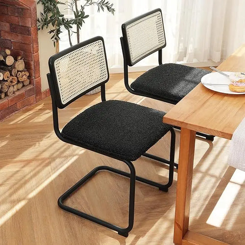 Set of 2 Brown Leather Rattan Dining Chairs with Chrome Legs | Elegant Seating | Anciennevi