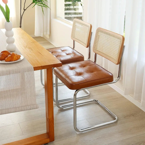 Set of 2 Brown Leather Rattan Dining Chairs with Chrome Legs | Elegant Seating | Anciennevi