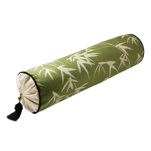 Long Bolster Pillow – Round Velvet Neck Roll Cushion – Chinese Crane Print – Anciennevi