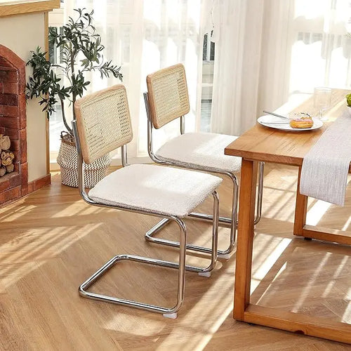 Set of 2 Brown Leather Rattan Dining Chairs with Chrome Legs | Elegant Seating | Anciennevi