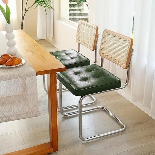 Set of 2 Brown Leather Rattan Dining Chairs with Chrome Legs | Elegant Seating | Anciennevi
