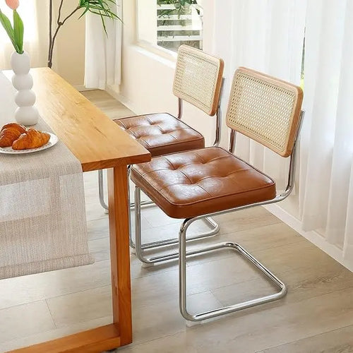 Set of 2 Brown Leather Rattan Dining Chairs with Chrome Legs | Elegant Seating | Anciennevi
