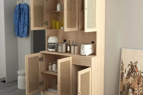 71” Rattan Freestanding Storage Cabinet with 6 Doors | Anciennevi