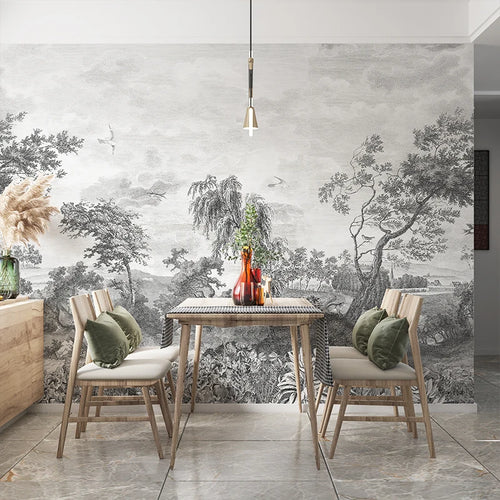 Grey Forest Peel and Stick Large Mural – Retro Trees Wall Décor – Anciennevi