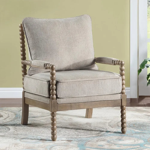 Linen Fabric Spindle Accent Chair with Wood Frame – Modern Padded Spring Seat – Anciennevi