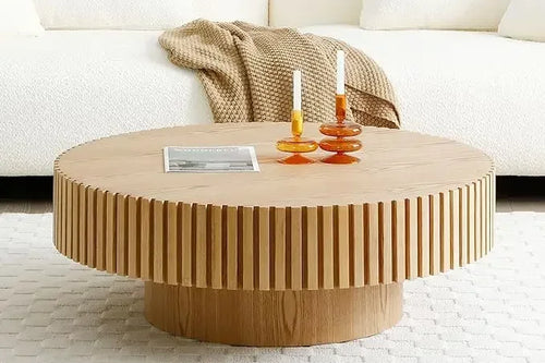 Coffee Table Wood End Table | Modern Fluted Drum Side Table | Anciennevi