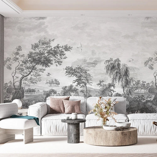 Grey Forest Peel and Stick Large Mural – Retro Trees Wall Décor – Anciennevi
