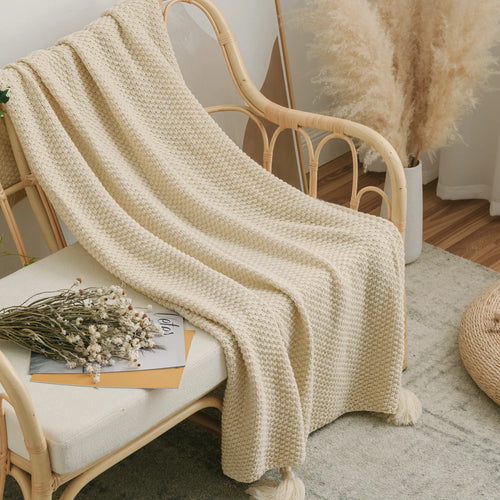 Wool Knit Plaid Blanket with Tassels | Liv Throw Blanket | Anciennevi