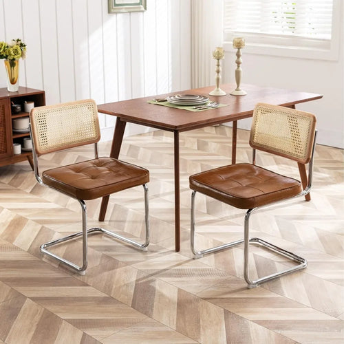 Set of 2 Brown Leather Rattan Dining Chairs with Chrome Legs | Elegant Seating | Anciennevi