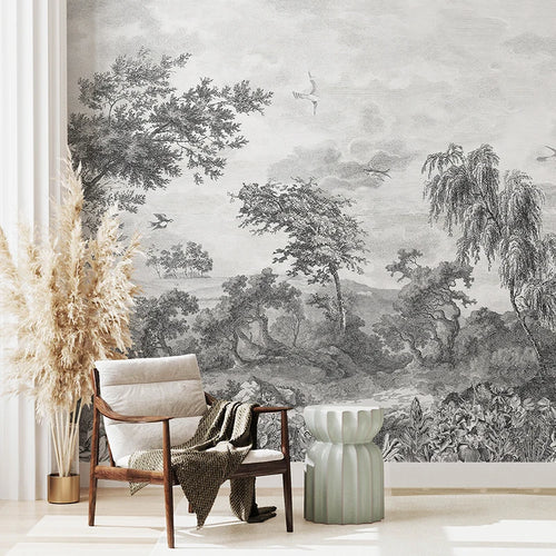 Grey Forest Peel and Stick Large Mural – Retro Trees Wall Décor – Anciennevi