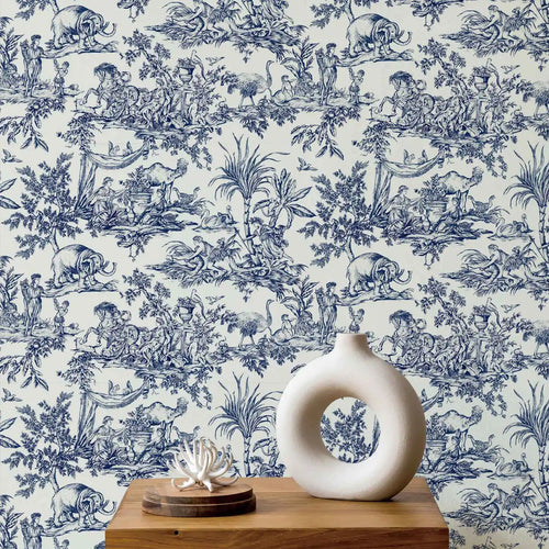 Toile Navy Wallpaper – Ancient Warriors & Elephant Engraved Forest Style Print – Anciennevi